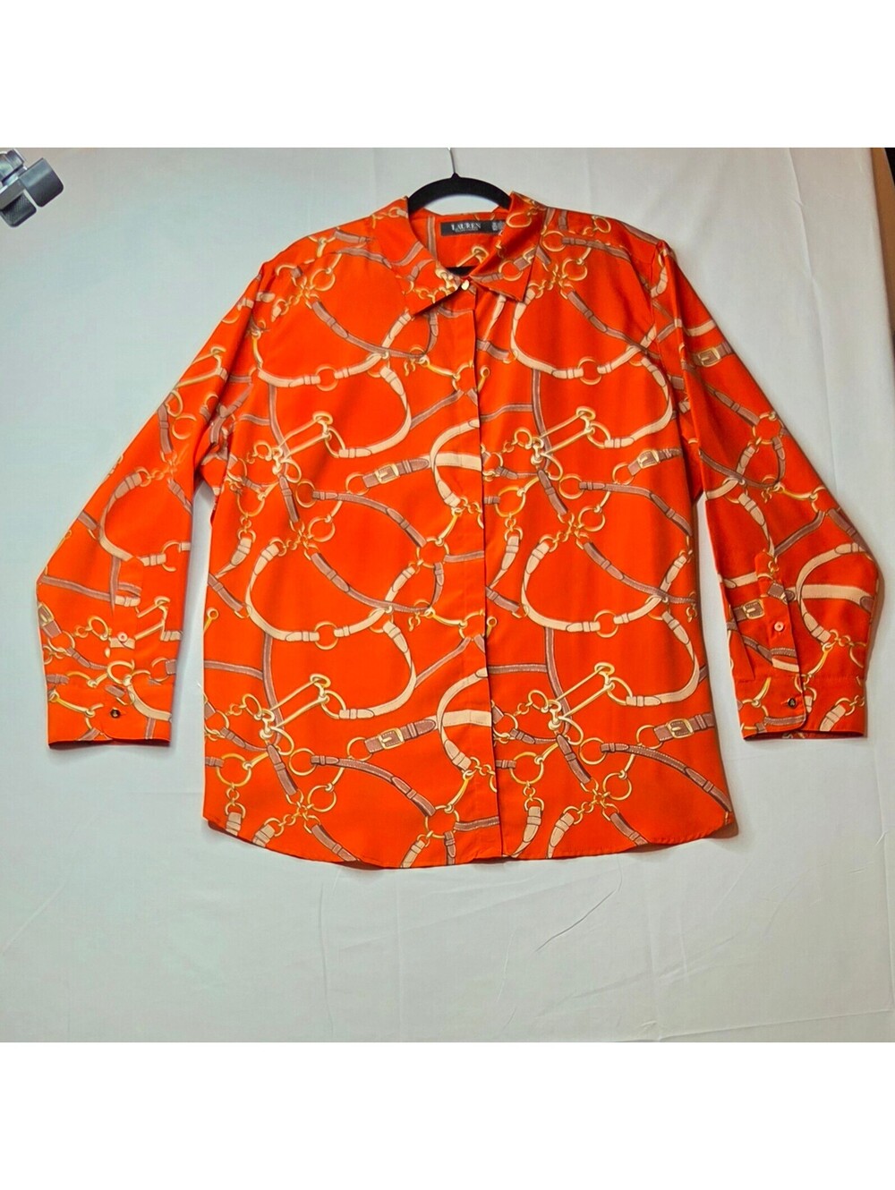 Lauren Ralph Lauren Orange Equestrian Belting Print Crepe Button Up Shirt 3X